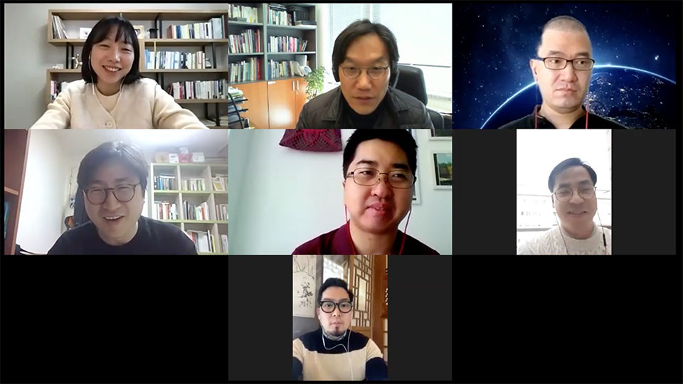 일곱 명의 학자가 '온라인 예배와 한국 언론'이라는 주제로 두 차례 온라인 좌담을 진행했다. 좌측 상단부터 순서대로 유지윤, 박진규, 홍승민, 김상덕, 김승수, 이성민, 이민형 미디에이티드 연구원. 사진 제공 미디에이티드