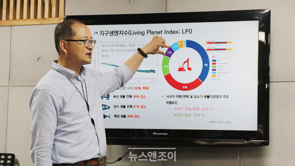 오충현 교수(동국대)는 '기후 위기와 생물 멸종 현황'을 주제로 특강을 진행했다. 뉴스앤조이 여운송