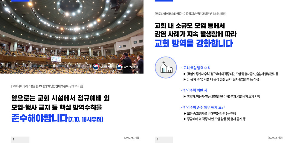 정부는 교회가 공예배 방역 수칙을 잘 지켰기 때문에 예배당 전체를 고위험 시설로 지정하지는 않는다고 했다. 예배는 종전과 같이 하되, 최근 감염 사례가 지속 발생하는 소모임을 하지 말라는 취지라고 했다. 보건복지부 홈페이지 갈무리