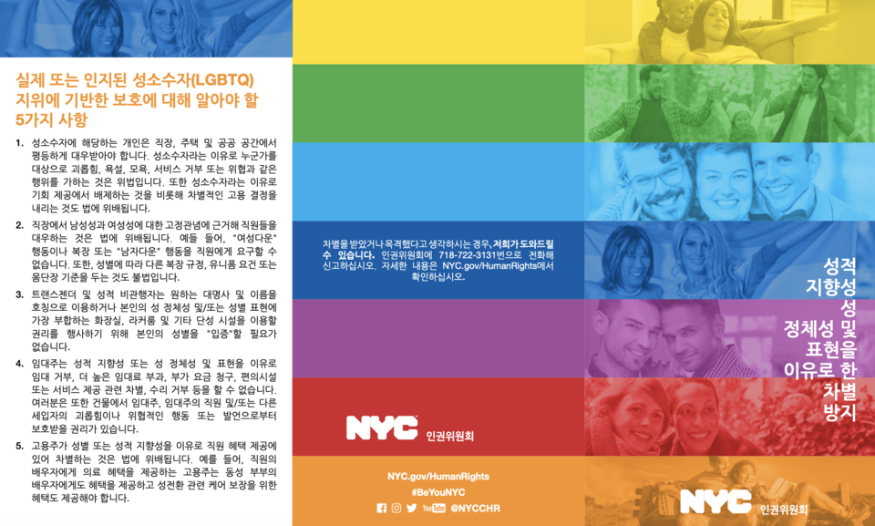 뉴욕시는 각 나라 언어로 된 차별 방지 브로슈어를 제작해 배포하고 있다. 31개 중 하나의 성별을 '고르라'는 게 아니라,  그만큼 다양한 성 정체성이 있다는 점을 알리고 이를 이유로 한 차별을 금지한다는 것이다. 뉴욕시인권위원회 브로슈어 갈무리