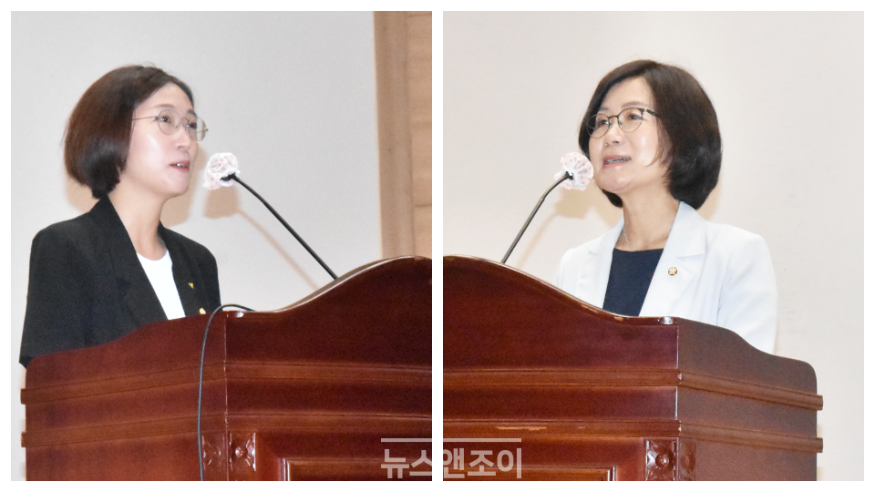 토론회를  주최한 정의당 장혜영 의원(왼쪽)과 더불어민주당 권인숙 의원은 차별금지법이 발의를 넘어 제정까지 갈 수 있도록 최선을 다하겠다고 밝혔다. 뉴스앤조이 이은혜