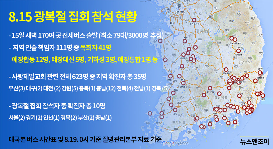 집회 참가자들은 코로나19 감염 위험에도 전국 각지에서 전세 버스를 타고 상경했다. 뉴스앤조이 최승현