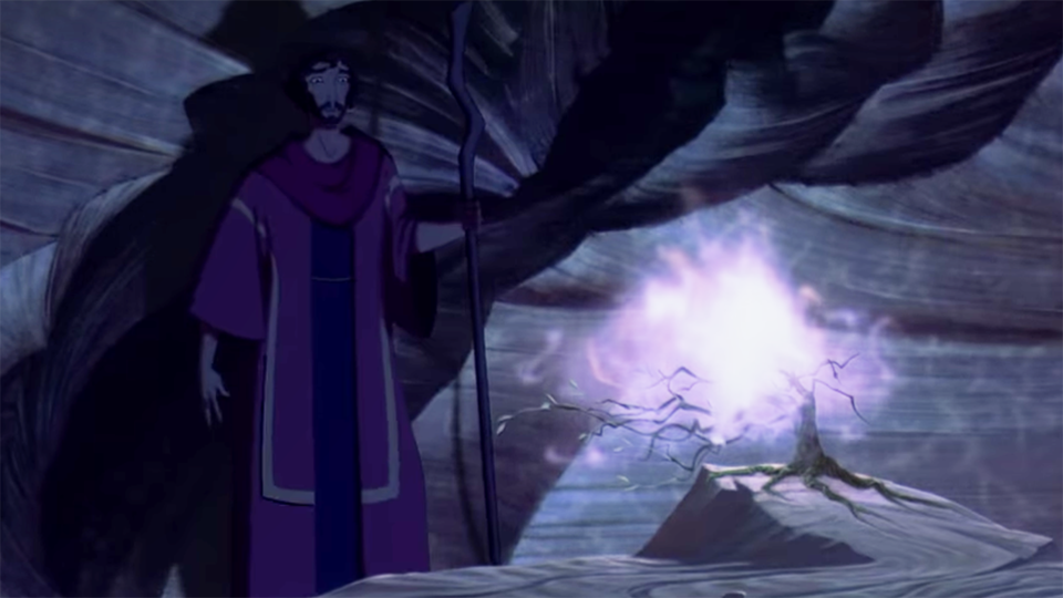 불타는 떨기나무와 모세. 영화 '이집트 왕자' 갈무리