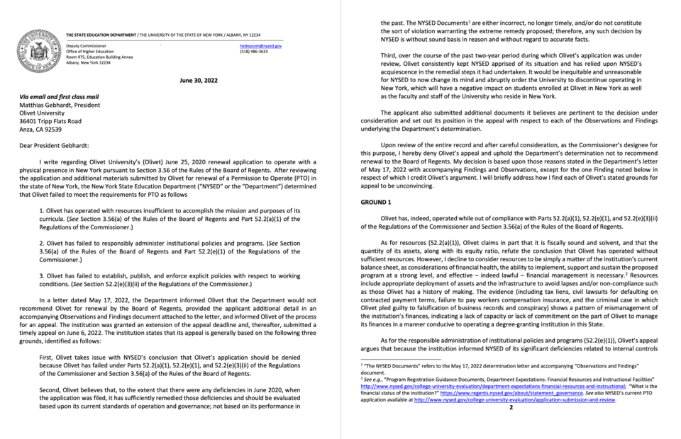 뉴욕주 교육주는 6월 30일 올리벳대의 뉴욕 캠퍼스 운영 허가를 갱신하지 않는다고 밝혔다. 사진은 운영 허가 만료를 통보한 뉴욕주 교육부 공문.