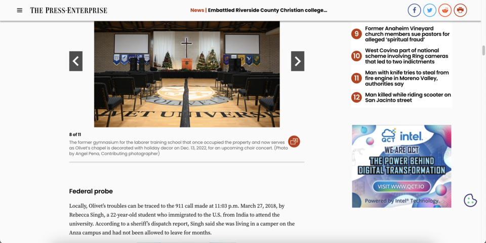 올리벳대학교 캠퍼스가 있는 캘리포니아 리버사이드 지역의 지역 언론은, 학생들이 감금과 굶주림 등의 문제에 시달렸다고 19일 보도했다. 더프레스엔터프라이즈 갈무리