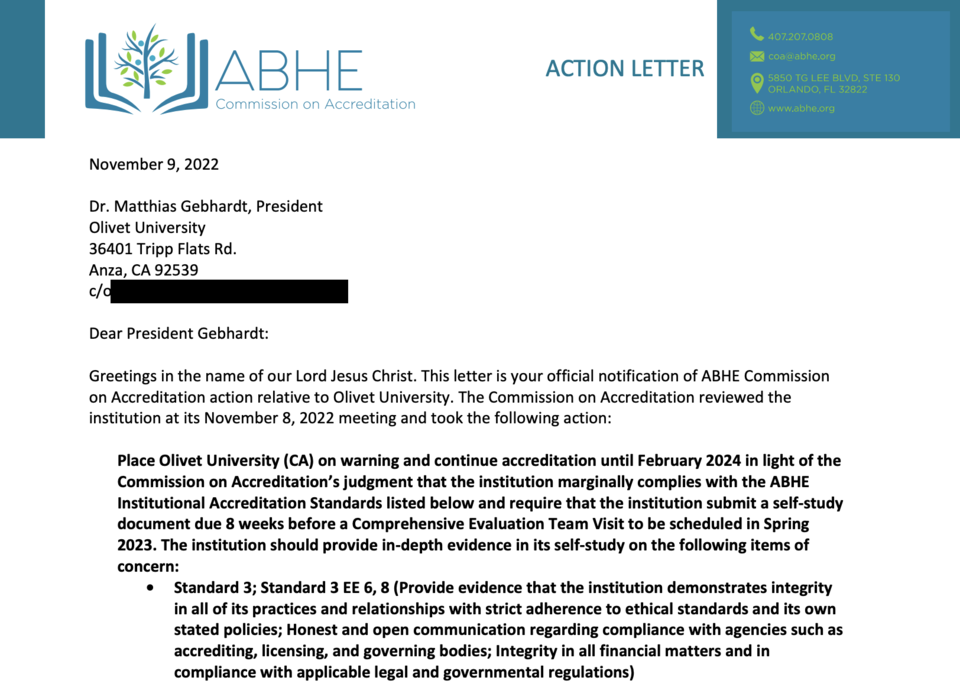 올리벳대에 대한 각종 의혹이 불거지면서, 뉴욕주를 비롯한 여러 주가 올리벳대 캠퍼스에 대한 조사에 착수했다. 대학 인가 업무를 맡은 ABHE는 올리벳대에 경고 조치를 하고, 내년 학교를 방문해 감사에 들어가겠다고 밝혔다. ABHE 갈무리