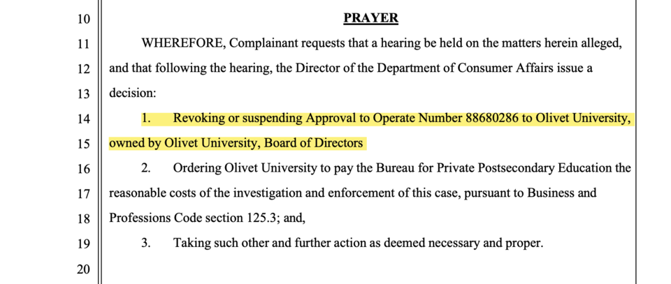 캘리포니아 사립고등교육국은 올리벳대학교의 여러 위반 사항을 지적하면서 올리벳대학교의 설립 승인을 취소하거나 보류해 달라고 소비자보호국에 요청했다. BPPE 홈페이지 갈무리